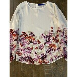Apt. 9 Ivory Floral Chiffon Bell Sleeve Blouse | Petite Medium PM Boho Romantic